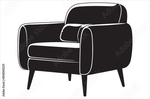 Modern black armchair with rounded edges and minimalist wooden legs design