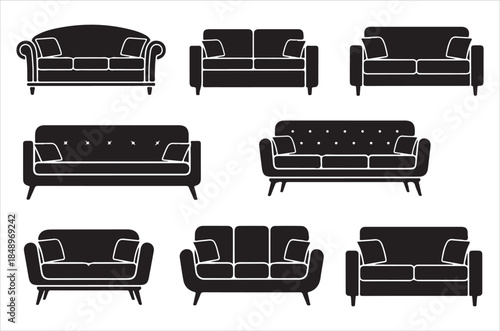 Collection of various sofa designs in black and white silhouettes