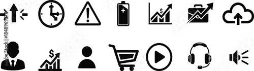 Business and Technology Interface Icons Set Featuring Analytics, Communication, E Commerce, Cloud, and User Actions