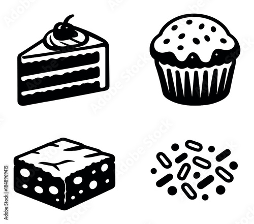 Silhouette illustrations of cake, muffin, brownie, and sprinkles on gray background