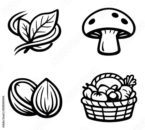 Monochrome icons of mushrooms, leaves, nuts, and a basket of vegetables