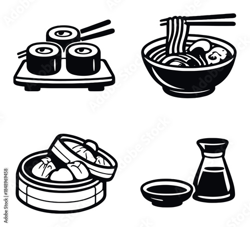 Asian cuisine icons: sushi, ramen, dumplings, soy sauce