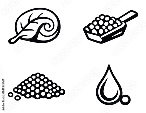 Eco-friendly icons: leaf, granules in scoop, pile, and droplet on gray background