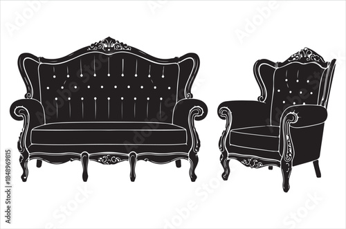 Elegant black baroque style sofa and armchair set in a simple graphic