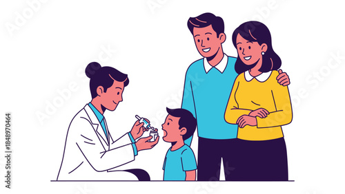 Pediatric Checkup: A compassionate healthcare provider conducts a checkup for a young patient, supported by their loving parents, creating a scene that evokes trust, care, and family unity.