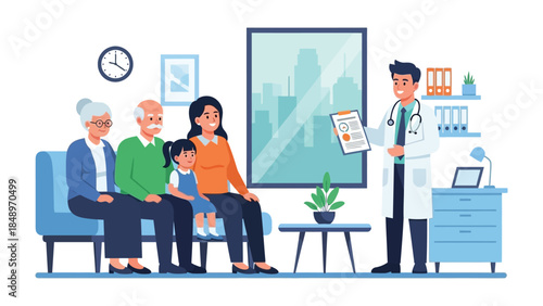 Doctor's Consultation: A doctor explains diagnosis with his patients in a bright waiting room. Illustrating healthcare and well-being. 
