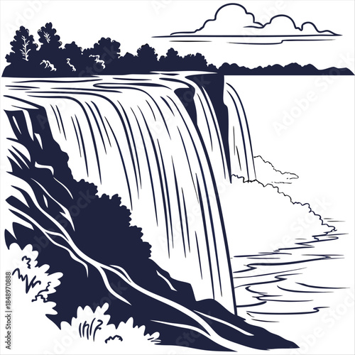 Niagara Falls linear art illustration waterfall silhouette vector on a white background
