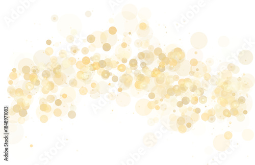 Golden bokeh lights and glitter circles abstract background with soft glow on white