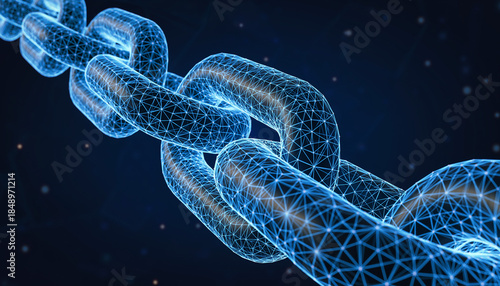 Futuristic Blockchain Chain Network with Glowing Digital Links and Data Security Concept.