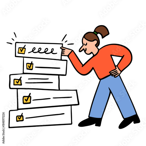Person finishing tasks on checklist, Task completion or productivity concept