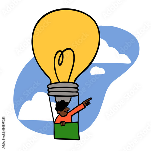 Person flying in hot air balloon, brainstorming, idea implementation