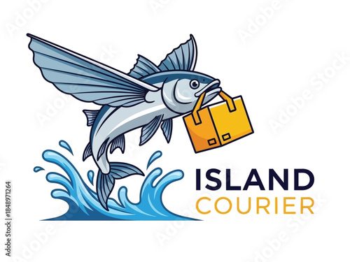 A flying fish with wings leaps out of the water carrying a package in its mouth, with the text "ISLAND COURIER" below.