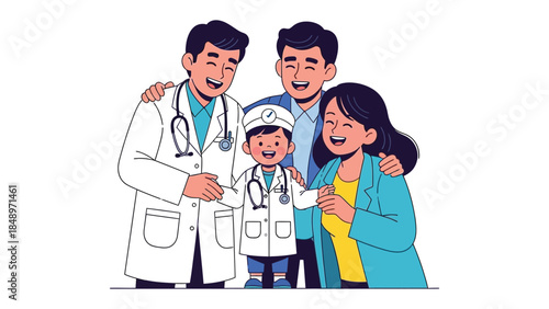 Dreaming of Healthcare: An illustration showcases a family's shared aspirations, with a child in a doctor's outfit, surrounded by supportive adults, highlighting future healthcare dreams.