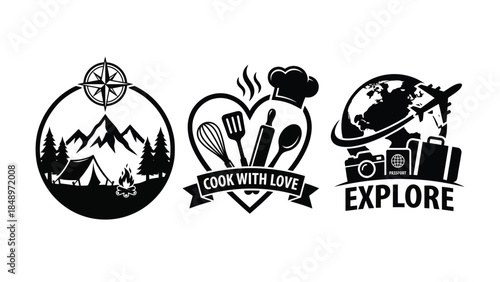 Travel Cooking Logo Set with Mountains, Globe, and Utensils