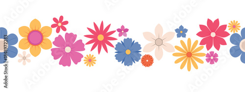 Seamless border from abstract flowers, top view. Spring flora. Flat vector illustration on a white background