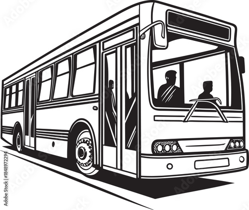 Black and white line art illustration of a city bus with open doors public transport transportation