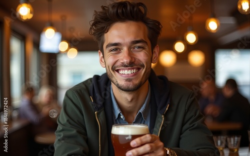Portrait of a handsome young man holding a beer in a pub. High quality
