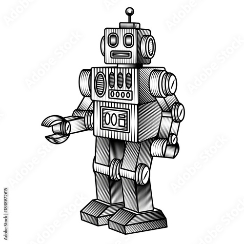 vintage toy robot illustration in retro woodcut style black and white vector mechanical android character sketch engraved drawing