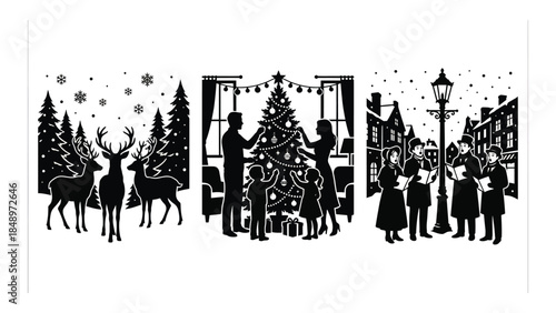 Christmas Tree Silhouette in City Square with Reindeer and People