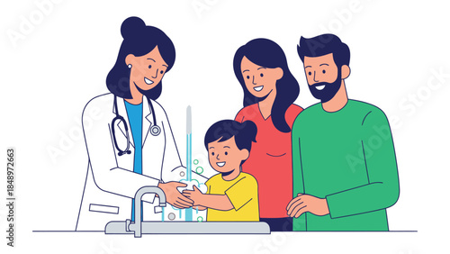 Medical guidance for family: A professional medical doctor provides guidance to a family, emphasizing on proper hand hygiene practices