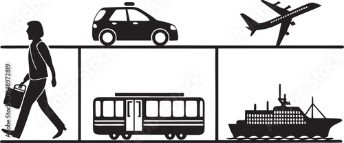 Set of 6 Black and White Transportation Mode Icons Vector