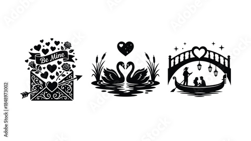 Black Silhouette Heart Swan Couple Under Bridge with Envelope