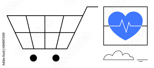 Healthcare shopping. A shopping cart and heart symbol with heartbeat line healthcare shopping. Healthcare buying trends, services, products, and online purchases. Perfect for e-commerce
