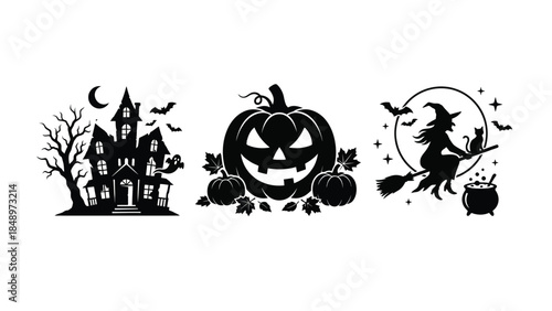 Halloween Silhouette Icons Set with Witch, Pumpkin, and Haunted House