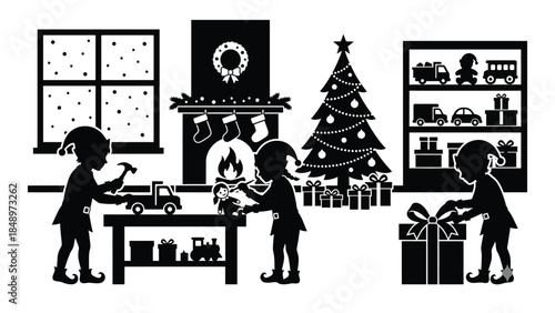 Children Decorating Christmas Tree in Living Room with Presents