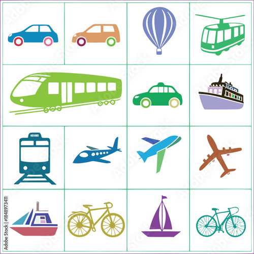 Colorful grid of various transportation vehicles and modes of travel vector illustration