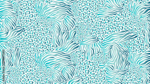 Seamless abstract pattern featuring textured animal print and vibrant turquoise gradient background