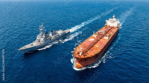 Military destroyer warship escorting large orange oil tanker vessel through blue ocean waters aerial view. Naval blockade maritime security operation concept.