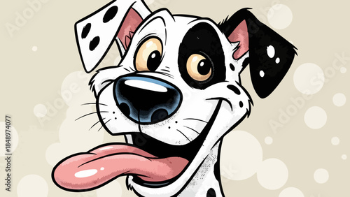 Happy cartoon dalmatian dog with big eyes and tongue hanging out illustration close up