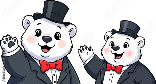 Two charming cartoon polar bears dressed in formal tuxedos and top hats waving hello cheerfully