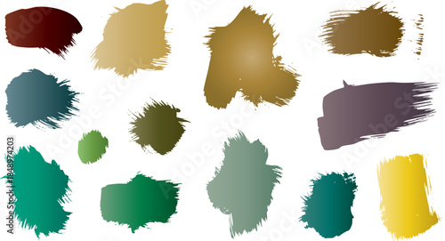 Collection of abstract earthy tone gradient brush strokes and paint splatters isolated on black background