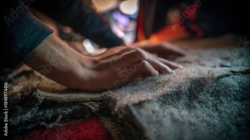 homemade car soundproofing using felt, carpet and rubber layers, improvised garage setup, hands working, realistic textures, documentary style