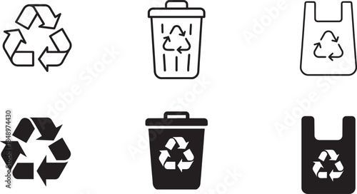 Recycle icon set in silhouette style, ideal for eco, environment, logo, and UI design.