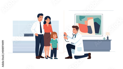 Health Check-up: A family, under the care of a compassionate doctor, attends a check-up, emphasizing the crucial importance of health and wellbeing.