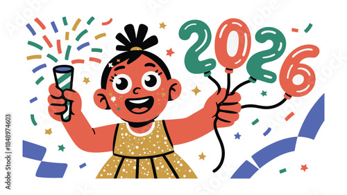 Joyful Anticipation: A young child joyfully embraces the upcoming year, holding balloons that represent the year 2026, surrounded by celebratory confetti and decorations.