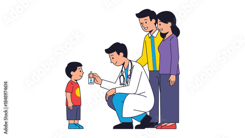 Pediatric Visit: A family observes the consultation of a pediatrician with their child, fostering trust and care in a safe environment.