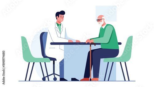 Doctor's Consultation: A caring doctor discusses healthcare with an elderly patient during a check-up, symbolizing trust and wellness.