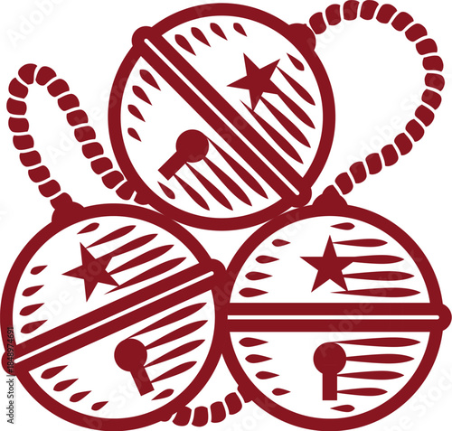 Three jingle bells with stars and keyholes on connected string for holiday decor