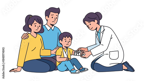 Caring for Injury: A healthcare expert provides comfort, expertly dressing an injury of boy's arm, accompanied by a supportive family. A compassionate scene.