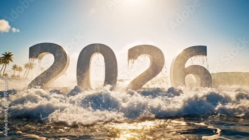 Wallpaper Mural Powerful Ocean Waves Crashing Over Large '2026' Text with Dynamic Splashes, Intense Sunlight, and Distant Palm Trees in a Vibrant Tropical Setting Torontodigital.ca
