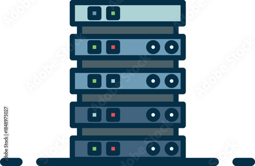 Stylized stack of six blue server units with indicator lights. Ideal for IT infrastructure, data center, and network visuals.