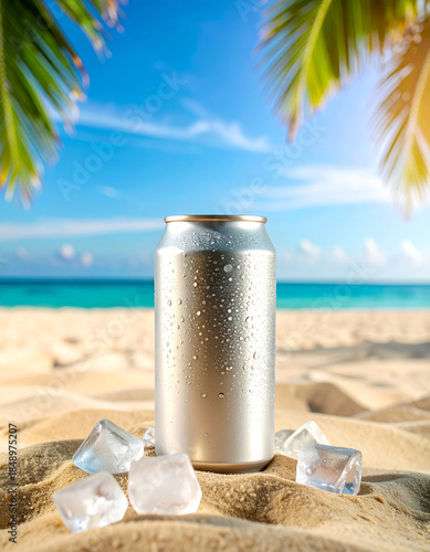 A can of soda is sitting on the sand next to some ice