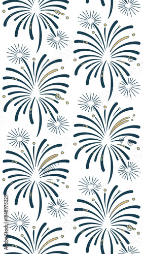 Fireworks Display: A vibrant, repeating pattern of celebratory bursts against a crisp backdrop. Perfect for adding a touch of festive flair to any design.