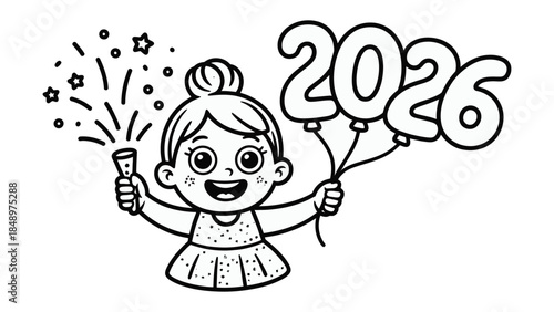 New Year Celebration 2026: A cheerful girl gleefully welcomes the upcoming year, holding aloft a celebratory sparkler and buoyant balloons displaying the year 2026.