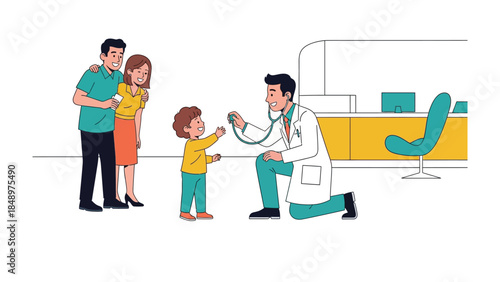 A Doctor's Gentle Examination: A compassionate doctor, stethoscope in hand, examines a young child while the supportive parents observe nearby, fostering a sense of trust and care.