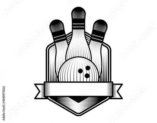 vintage bowling sport logo illustration featuring ball and pins with shield badge in retro woodcut style vector art isolated tournament emblem engraved drawing